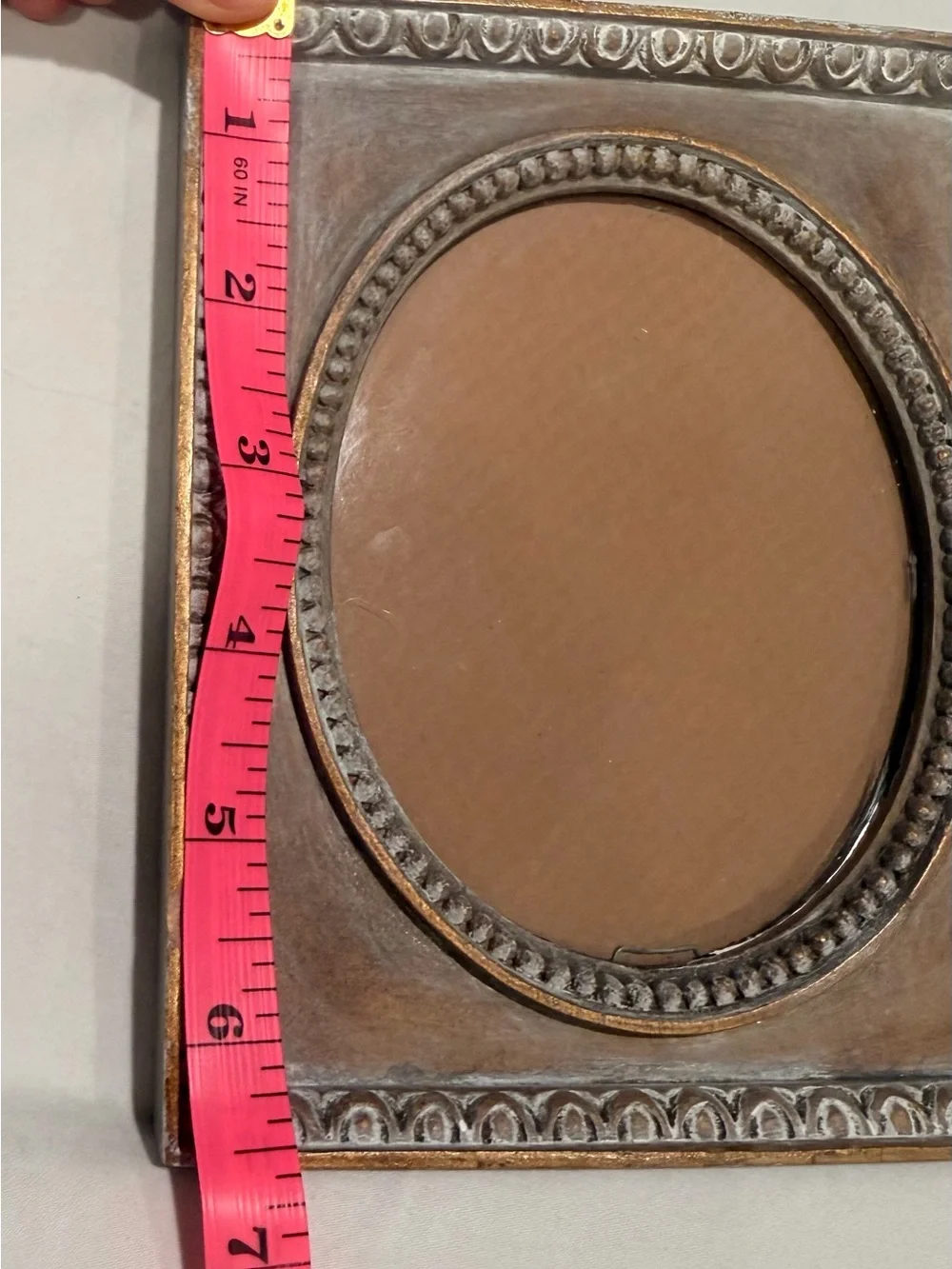 Vintage Ornate Oval Picture Frame in Distressed Whitewashed Brown and Gold